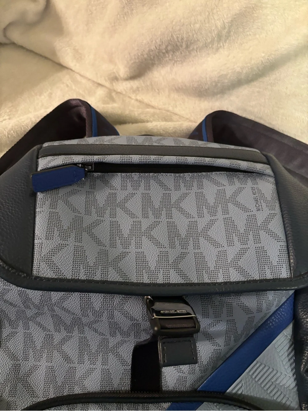 Michael Kors Men's Light Blue and Navy MK Logo Backpack
